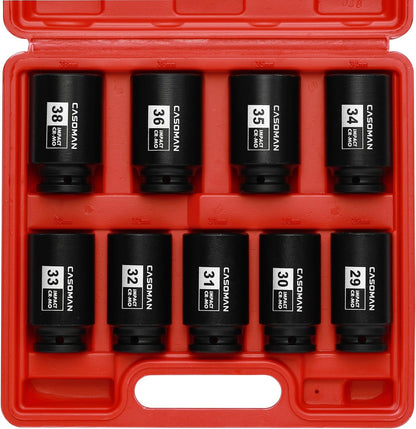 9PCS 1/2" Drive Deep Axle Nut Impact Socket Set – 29mm–38mm 6-Point CR-MO Deep Impact Sockets for Wheel Bearing, Hub & Suspension Repair