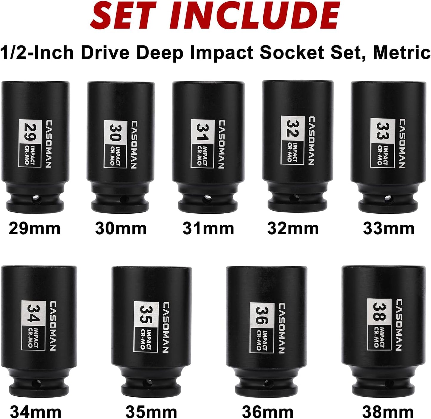 9PCS 1/2" Drive Deep Axle Nut Impact Socket Set – 29mm–38mm 6-Point CR-MO Deep Impact Sockets for Wheel Bearing, Hub & Suspension Repair