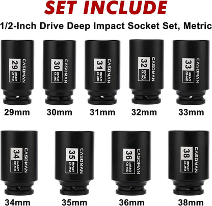 9PCS 1/2" Drive Deep Axle Nut Impact Socket Set – 29mm–38mm 6-Point CR-MO Deep Impact Sockets for Wheel Bearing, Hub & Suspension Repair