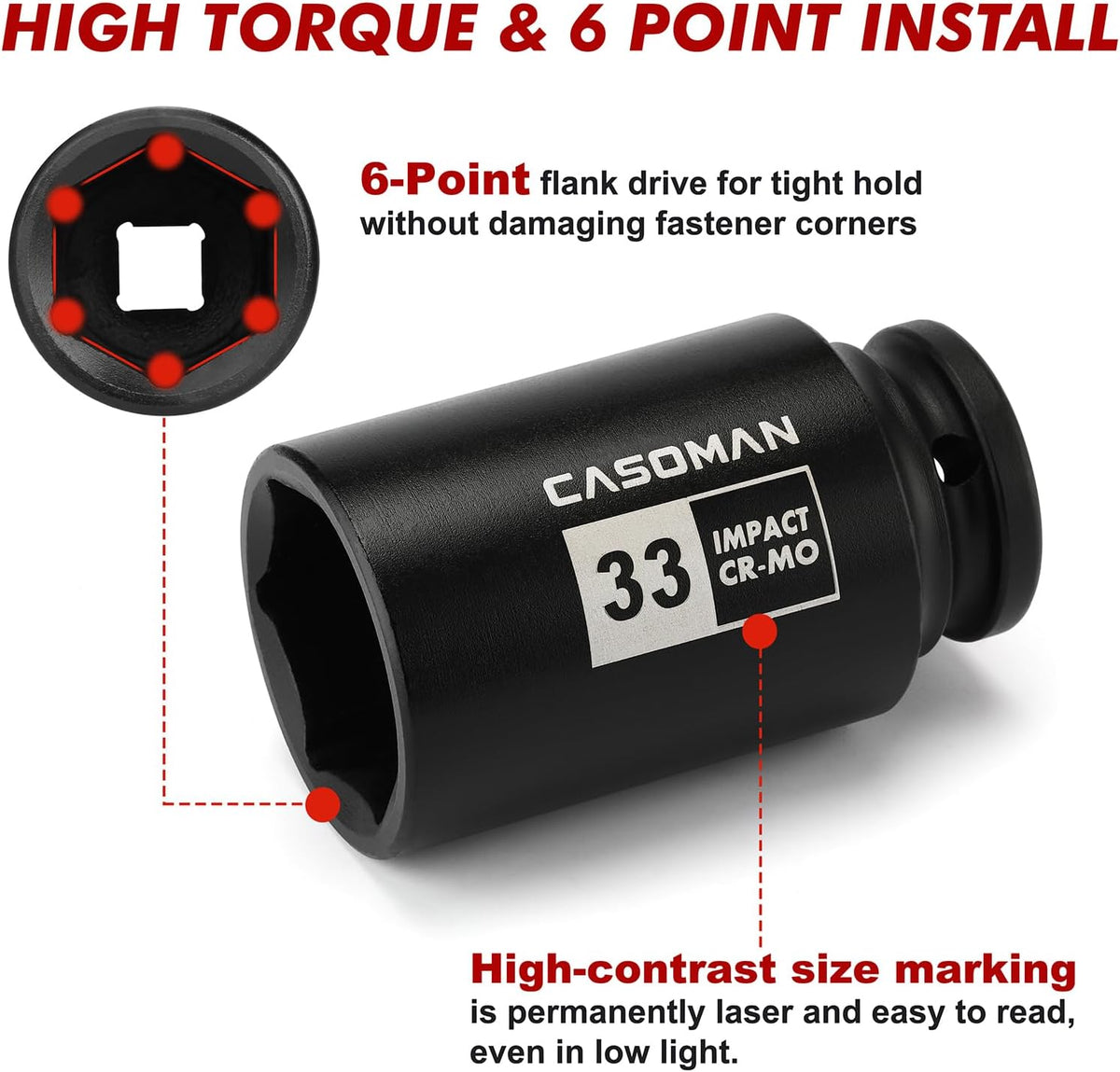 9PCS 1/2" Drive Deep Axle Nut Impact Socket Set – 29mm–38mm 6-Point CR-MO Deep Impact Sockets for Wheel Bearing, Hub & Suspension Repair