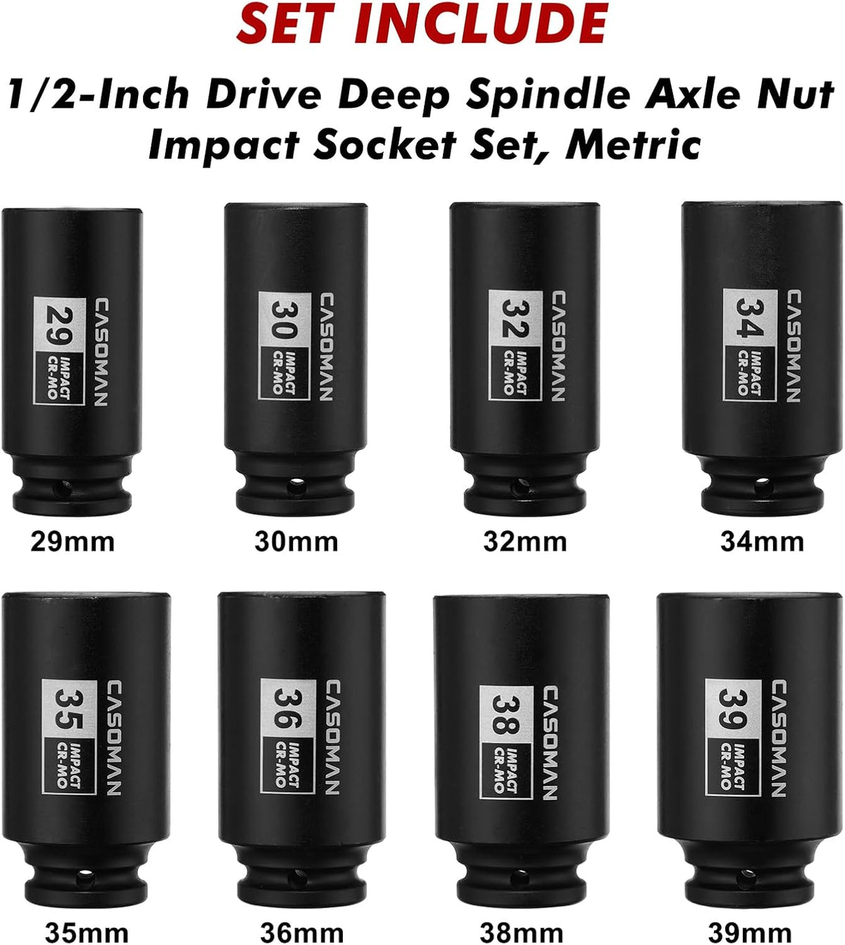 9PCS 1/2" Drive Deep Axle Nut Impact Socket Set – 29mm–38mm 6-Point CR-MO Deep Impact Sockets for Wheel Bearing, Hub & Suspension Repair