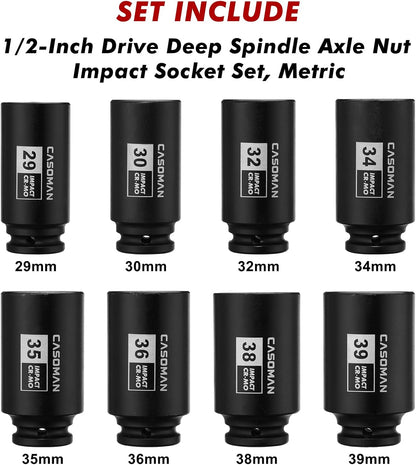 9PCS 1/2" Drive Deep Axle Nut Impact Socket Set – 29mm–38mm 6-Point CR-MO Deep Impact Sockets for Wheel Bearing, Hub & Suspension Repair