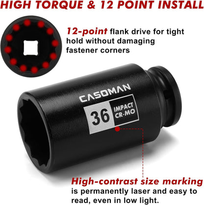 9PCS 1/2" Drive Deep Axle Nut Impact Socket Set – 29mm–38mm 6-Point CR-MO Deep Impact Sockets for Wheel Bearing, Hub & Suspension Repair
